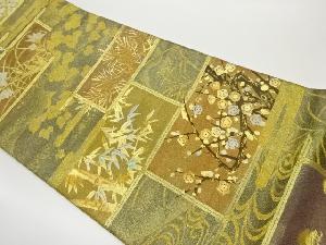 金彩格子に草花・葉模様織出し全通袋帯